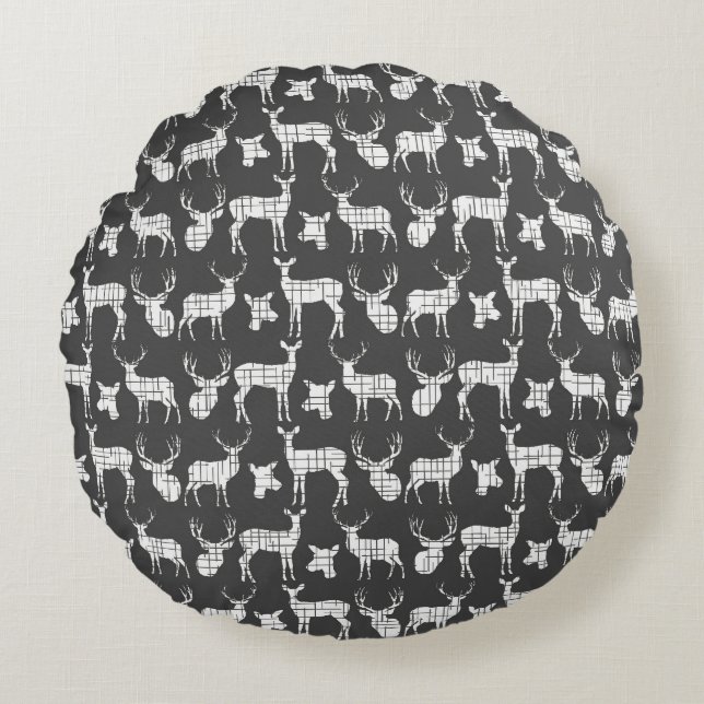 Dark Gray With White Deer Round Pillow (Front)