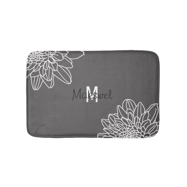Dark Gray With White Flowers And Name Bathroom Mat (Front)