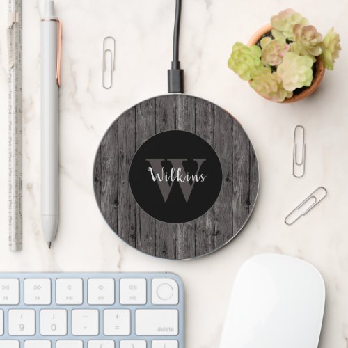 Dark Gray Wood Monogram Initial Wireless Charger