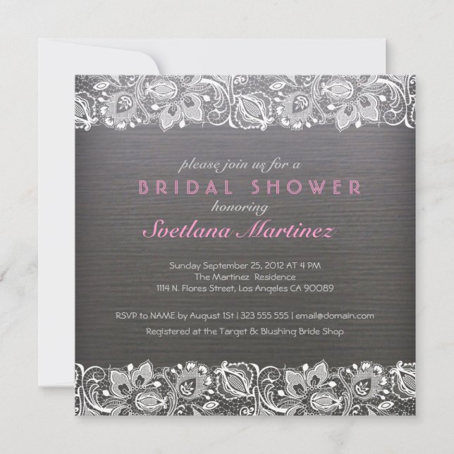 Dark Gray Wood & White Lace Bridal Shower Invite (Front)