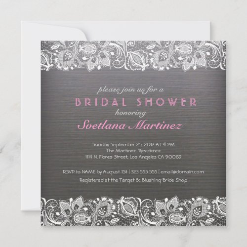 Dark Gray Wood &amp; White Lace Bridal Shower Invite