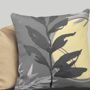Dark Gray & Yellow Abstract Watercolor Leaf Throw Pillow