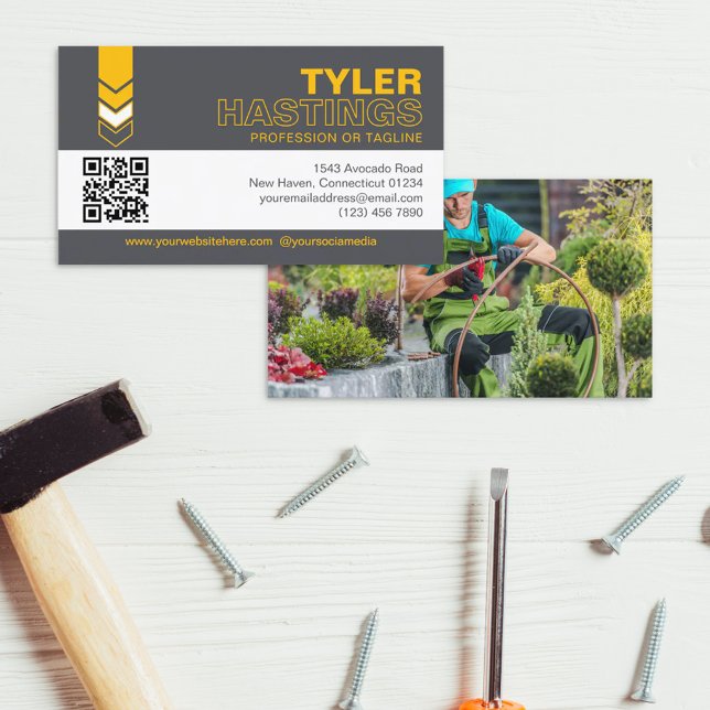 Dark Gray Yellow Arrows QR Code Photo Template Business Card (Creator Uploaded)