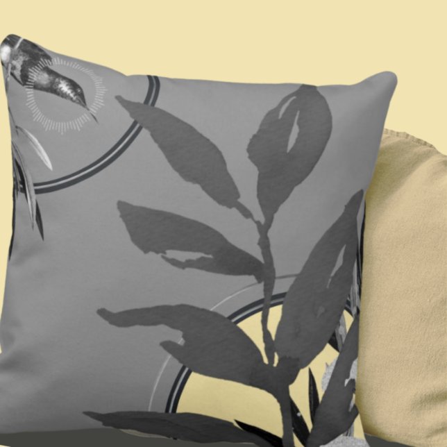 Dark Gray & Yellow Watercolor Leaves Hummingbird Throw Pillow (Creator Uploaded)
