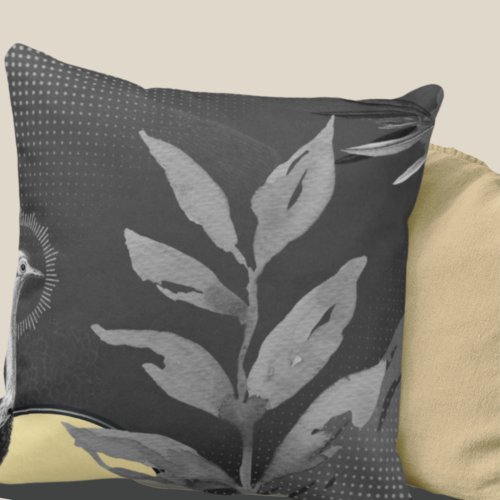 Dark Gray  Yellow Watercolor Leaves Ostrich Throw Pillow