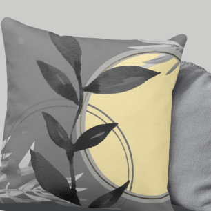 Dark Gray & Yellow Zen Watercolor Leaves Throw Pillow