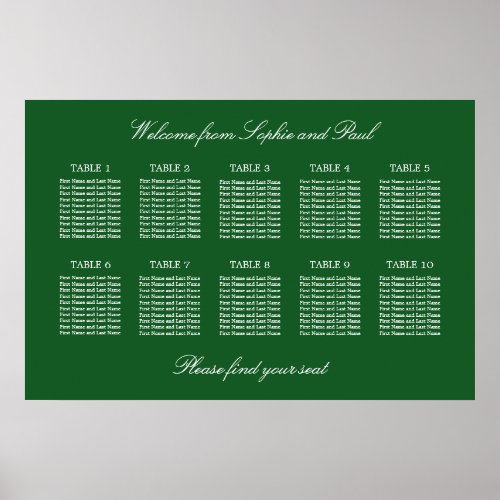 Dark Green 10 Table Wedding Seating Chart Poster