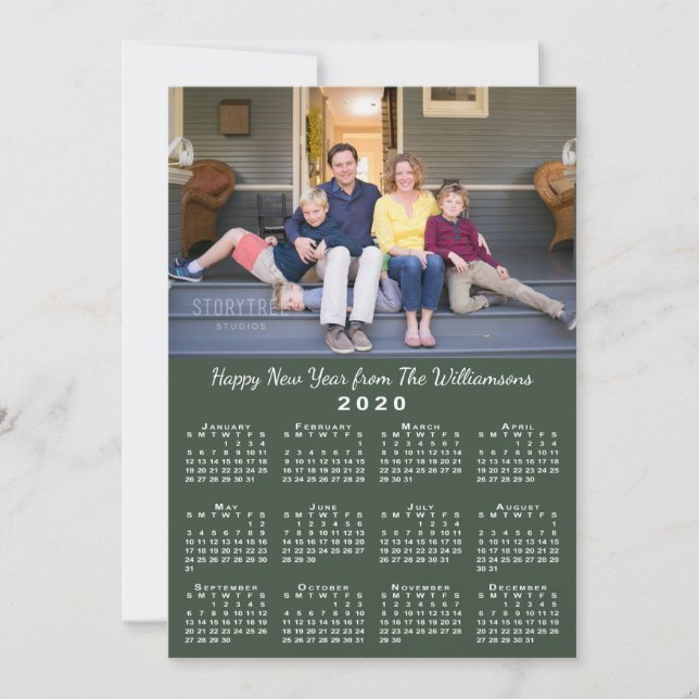 Dark Green 2020 Calendar 2 Photos Happy New Year Holiday Card (Front)