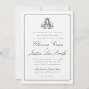 Dark Green "A" Monogram Wedding Invitation