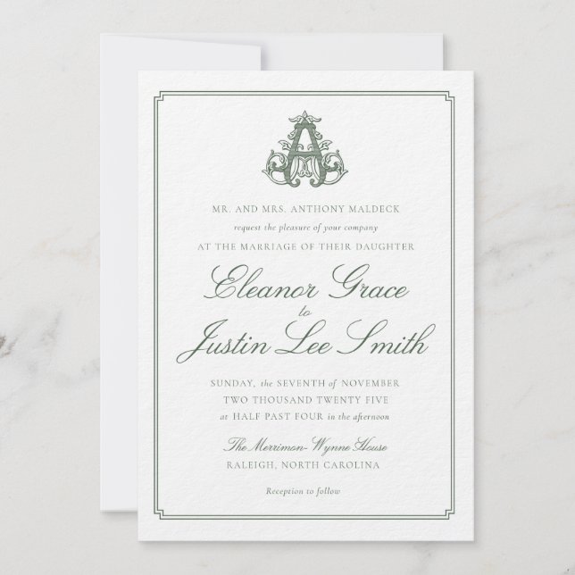 Dark Green "A" Monogram Wedding Invitation (Front)