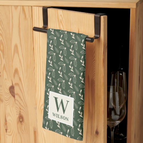 Dark Green and Beige Christmas Foliage Family Name Kitchen Towel