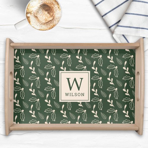 Dark Green and Beige Christmas Foliage Family Name Serving Tray