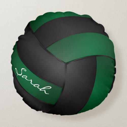 Dark Green and Black Volleyball  Personalize Round Pillow