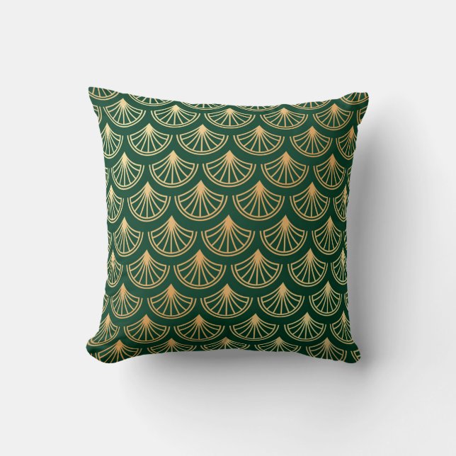 Dark Green and Gold Art Deco Style Pattern Throw Pillow (Front)