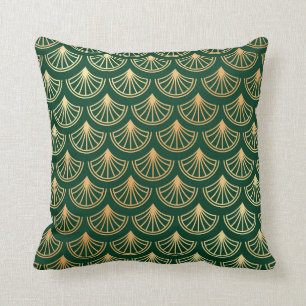Dark Green and Gold Art Deco Style Pattern Throw Pillow