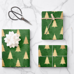 Dark Green and Gold Christmas Trees Wrapping Paper Sheets