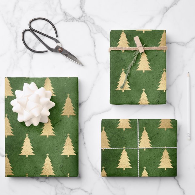 Dark Green and Gold Christmas Trees Wrapping Paper Sheets (Front)