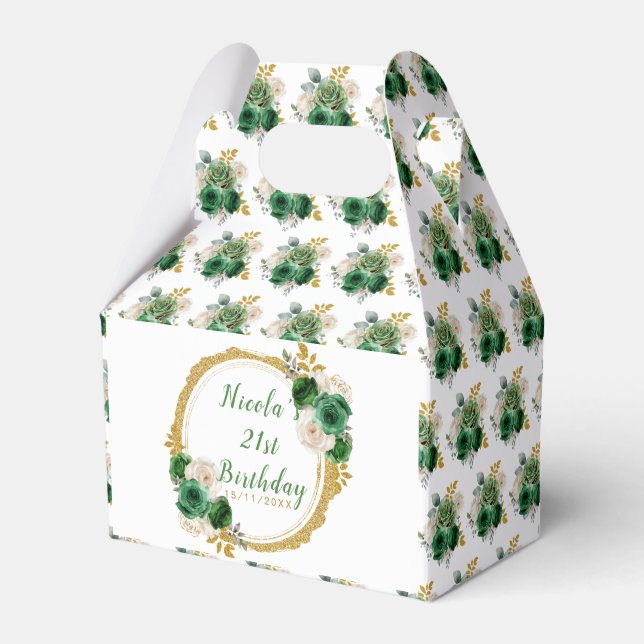 Dark Green and Gold Elegant Flowers Birthday Favor Boxes (Front Side)