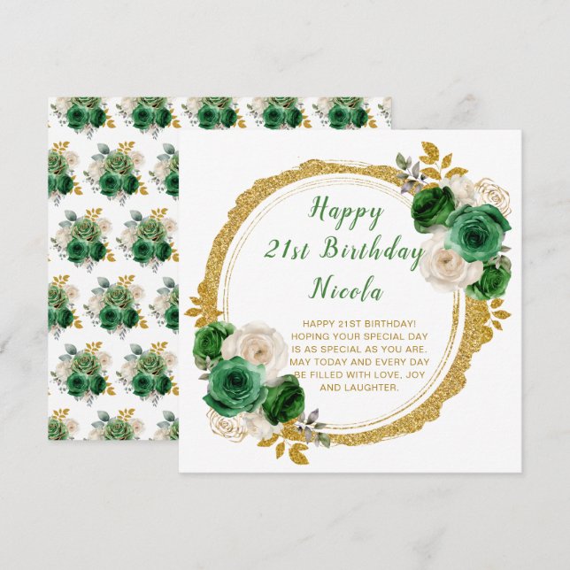 Dark Green and Gold Elegant Flowers Birthday Party Card (Front/Back)