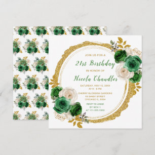 Dark Green and Gold Elegant Flowers Birthday Party Invitation