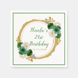 Dark Green and Gold Elegant Flowers Birthday Party Napkins