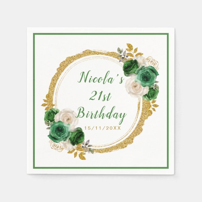 Dark Green and Gold Elegant Flowers Birthday Party Napkins (Front)