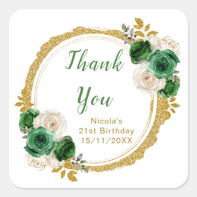Dark Green and Gold Elegant Flowers Birthday Party Square Sticker (Front)