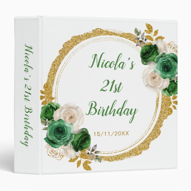 Dark Green and Gold Elegant Flowers Birthday Photo 3 Ring Binder (Front/Spine)
