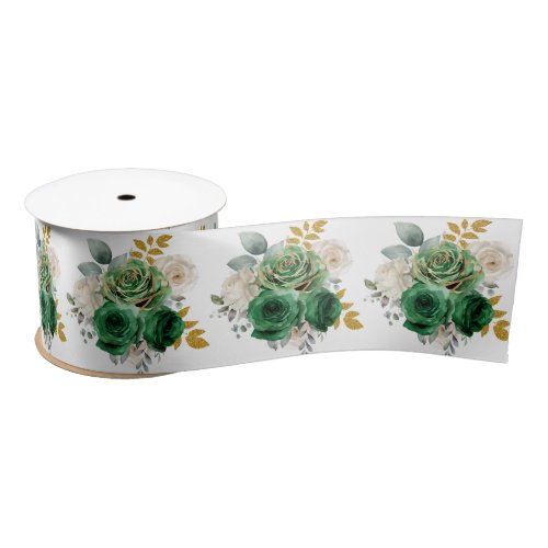 Dark Green and Gold Elegant Flowers Satin Ribbon