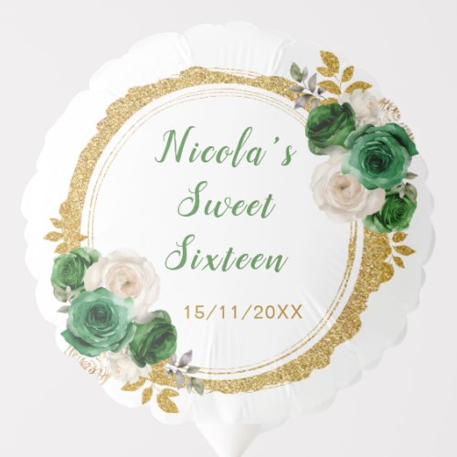 Dark Green and Gold Elegant Flowers Sweet Sixteen Balloon