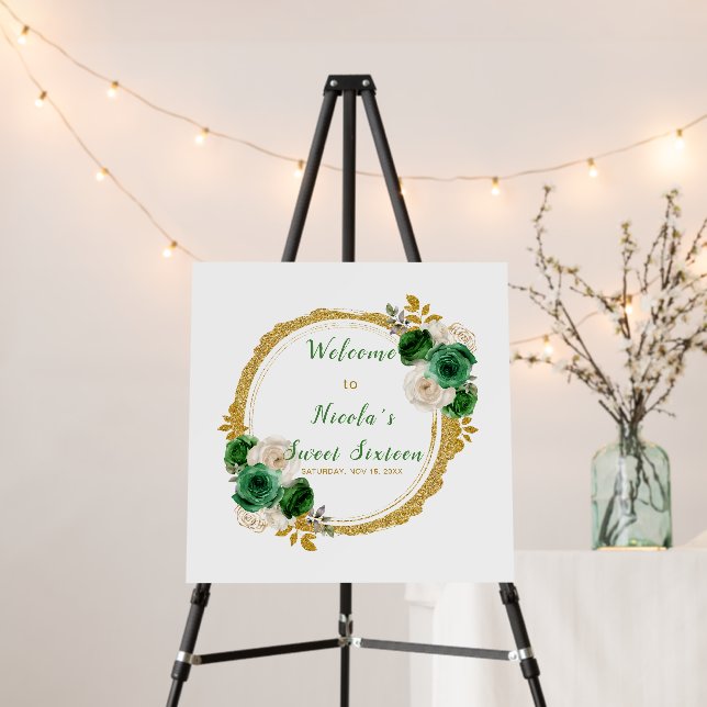 Dark Green and Gold Elegant Flowers Sweet Sixteen Foam Board (In Situ (Stand))