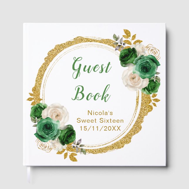 Dark Green and Gold Elegant Flowers Sweet Sixteen Guest Book (Front)