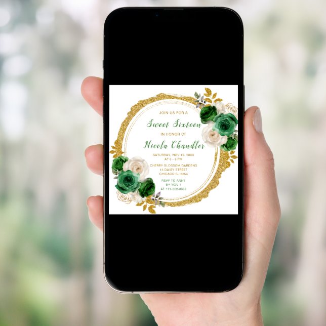 Dark Green and Gold Elegant Flowers Sweet Sixteen Invitation (Front Digital)