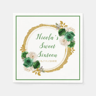 Dark Green and Gold Elegant Flowers Sweet Sixteen Napkins