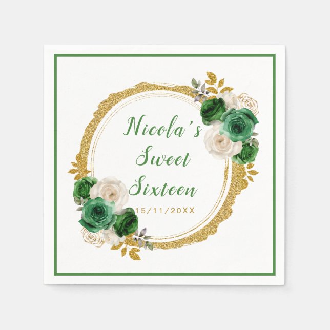 Dark Green and Gold Elegant Flowers Sweet Sixteen Napkins (Front)