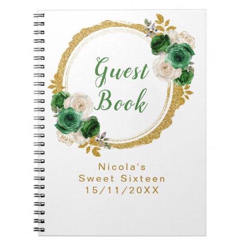 Dark Green and Gold Elegant Flowers Sweet Sixteen Notebook