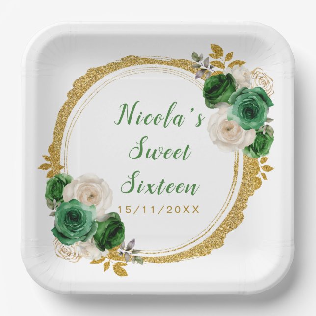Dark Green and Gold Elegant Flowers Sweet Sixteen Paper Plates (Front)