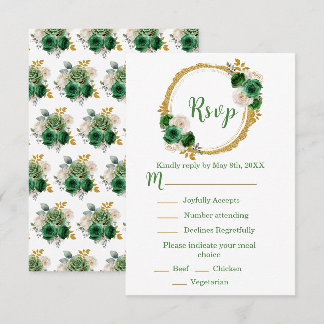 Dark Green and Gold Elegant Flowers Sweet Sixteen RSVP Card (Front/Back)