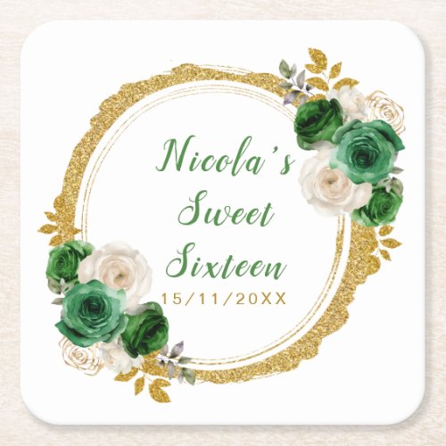 Dark Green and Gold Elegant Flowers Sweet Sixteen Square Paper Coaster