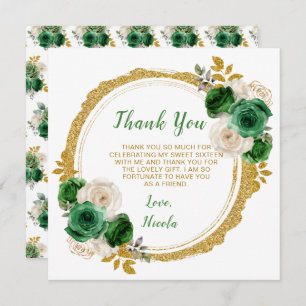 Dark Green and Gold Elegant Flowers Sweet Sixteen Thank You Card