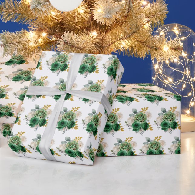 Dark Green and Gold Elegant Flowers Wrapping Paper (Holidays)