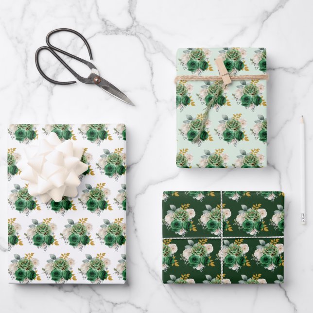 Dark Green and Gold Elegant Flowers Wrapping Paper Sheets (Front)