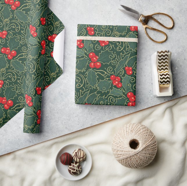Dark Green and Gold Filigree Holly ID1220 Wrapping Paper (Crafts)