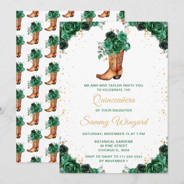 Dark Green and Gold Floral Cowboy Boot Quinceañera Invitation (Front/Back)