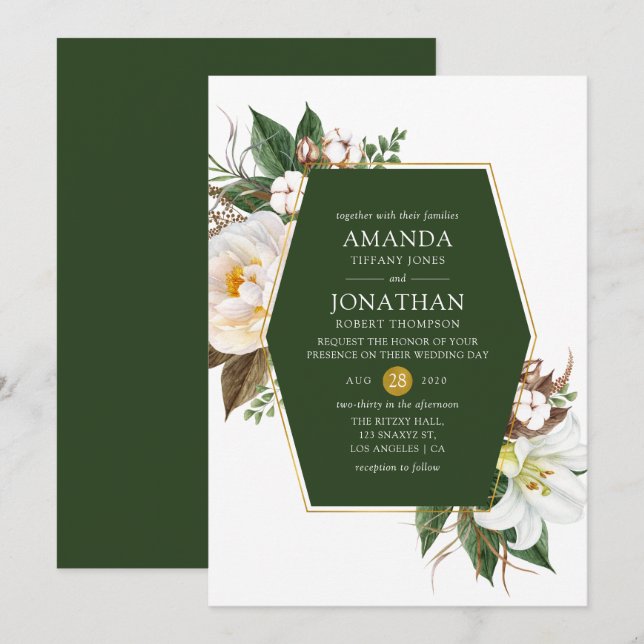 Dark Green and Gold Floral Geometric Wedding Invitation (Front/Back)