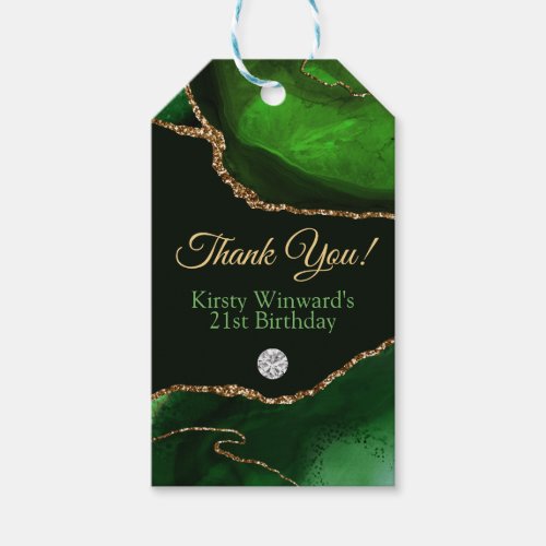 Dark Green and Gold Glitter Agate Birthday Party Gift Tags