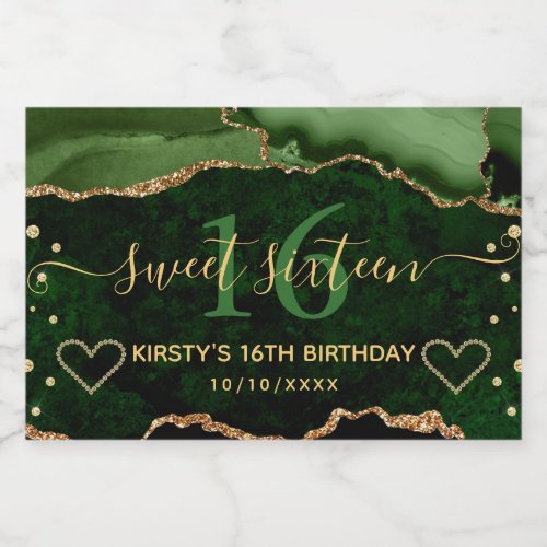 Dark Green and Gold Glitter Agate Marble Sweet 16 Sparkling Wine Label