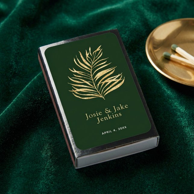 Dark Green and Gold Palm Leaf Wedding Favor Matchboxes (Dark Green and Gold Palm Leaf Wedding Favor Matchboxes.)