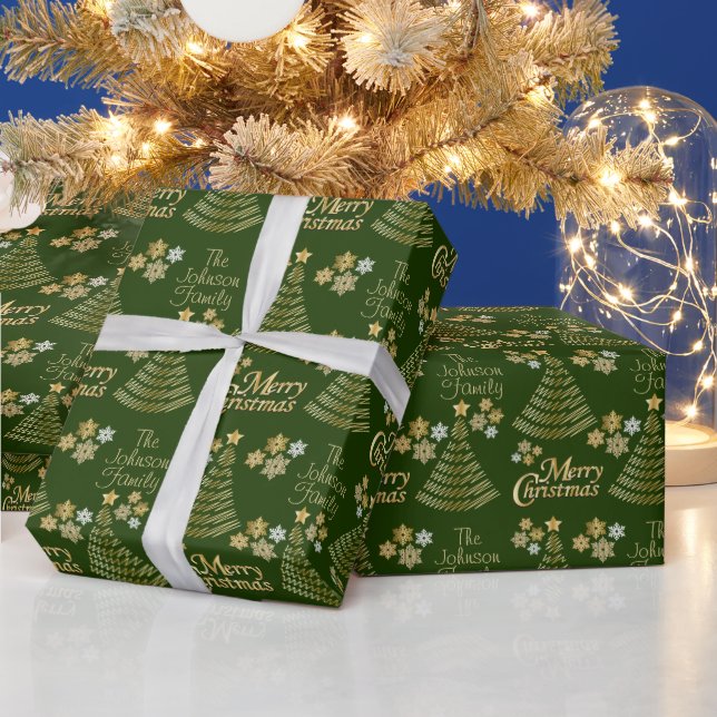 Dark Green and Gold Scribble Christmas Tree Wrapping Paper (Holidays)