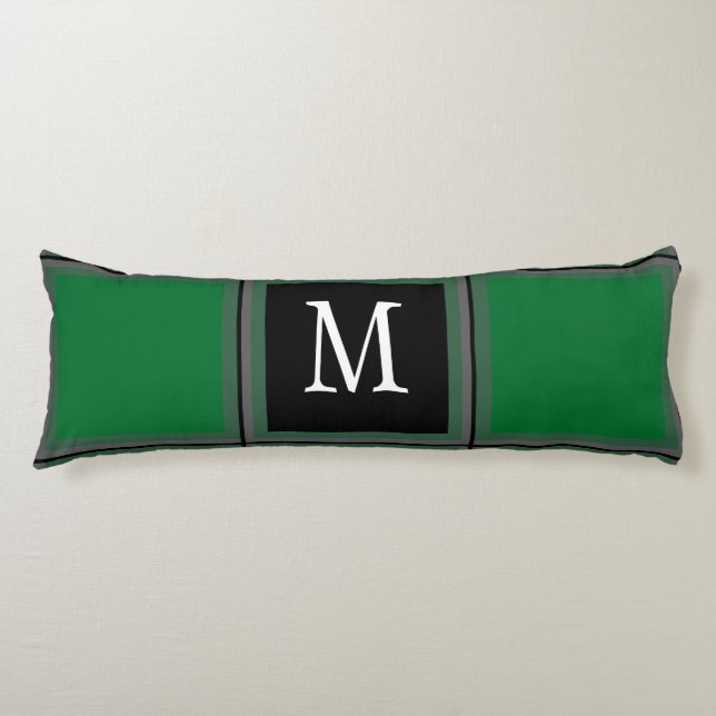 Dark Green and Gray Custom Single Initial Striped Body Pillow (Front)